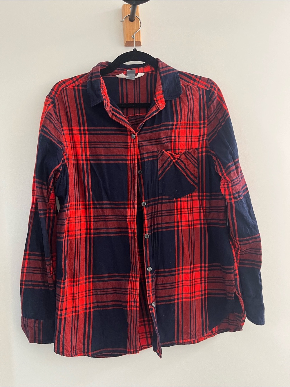 100% Cotton Red and Navy Plaid Button-Down Shirt